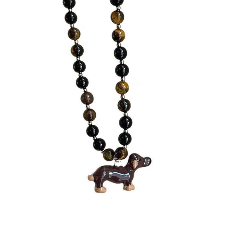 Dachshund Cartoon Pendant Necklace with Tiger Eye Beads - Cute, Elegant, and Versatile Choker for Women