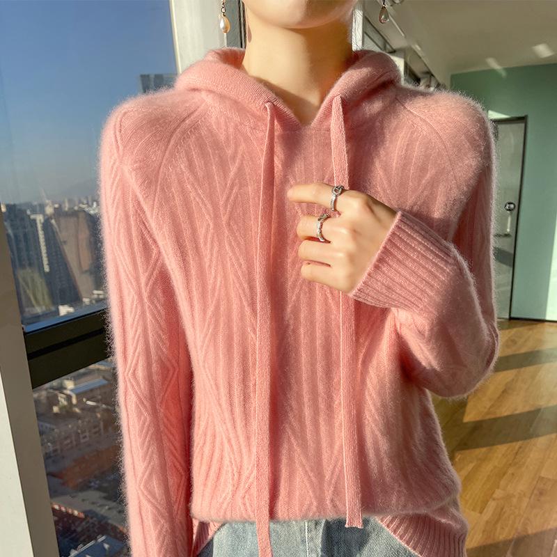 Women's Wool Jacquard Hoodie - Loose Fit Lazy Style, Hooded Pullover Sweater 2025.