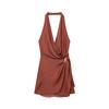 Women's Halter Sleeveless Mini Dress Slim Fit Mid Rise Draped Satin Wrap Sundress