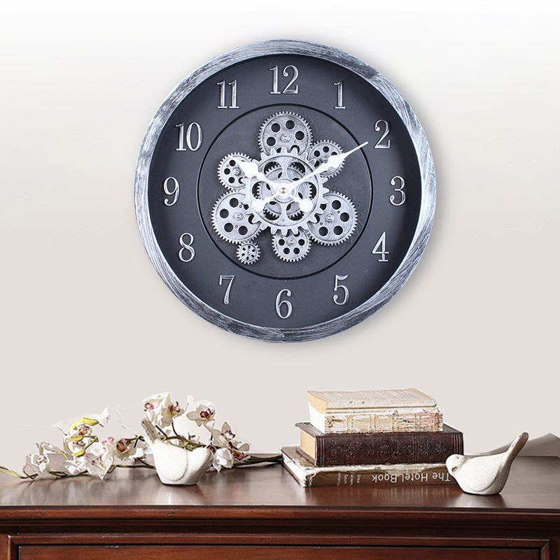 40CM Creative Dynamic Gear Clock Living Room Retro Wall Clock Decoration Modern Wood Grain Clock Wall Clock