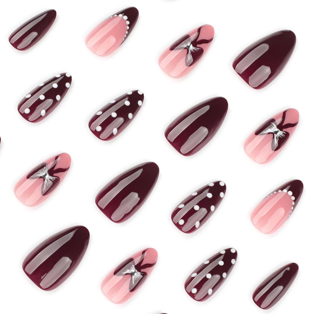 Červené francouzské mandlové tipy na falešné nehty beruška s puntíky a bílými tečkami