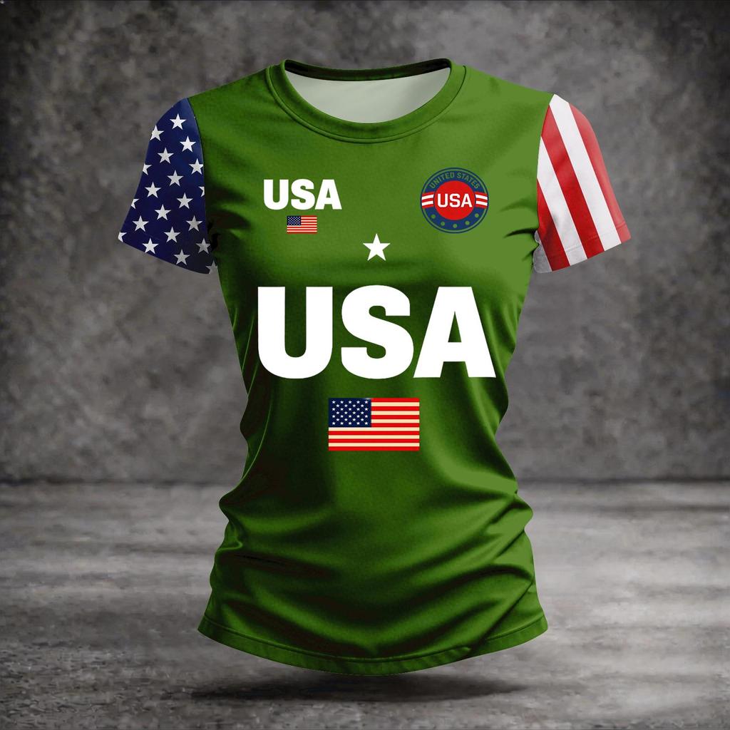 Women’s Casual Crewneck Short Sleeve T Shirt with Printed USA Letter and Flag Pattern for 250th Anniversary Independence Day