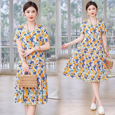 Summer Short-sleeved, Loose and Long Artificial Cotton Dress for Middle-aged and Elderly Women