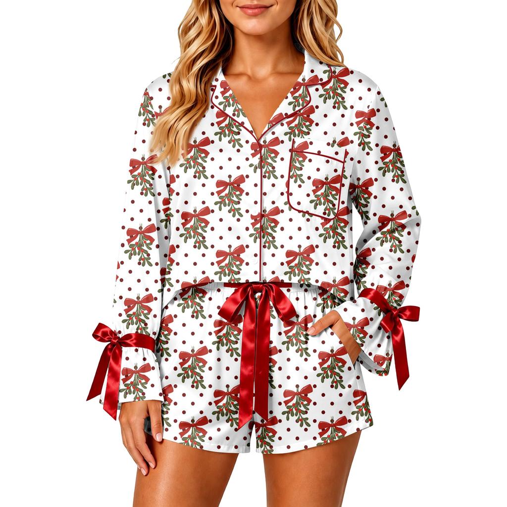 Women's Christmas Pajama Set with Button-Down Shirt and Shorts for Holiday Sleepwear