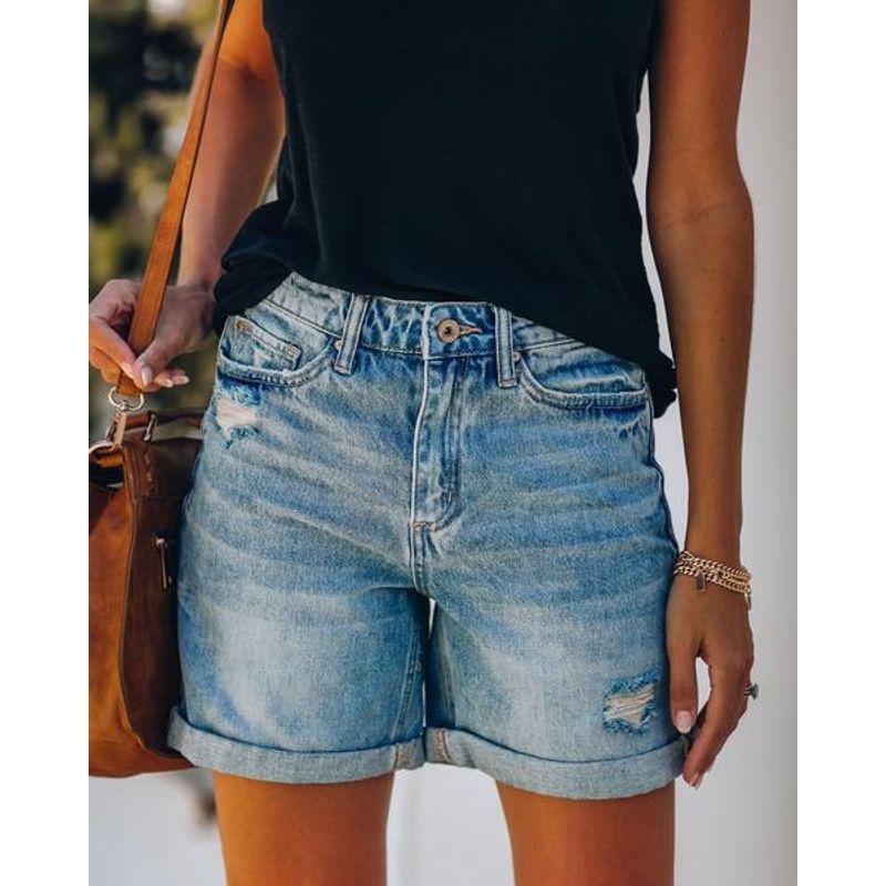 

2025 Rolled Edge Ripped Straight Leg Denim Shorts