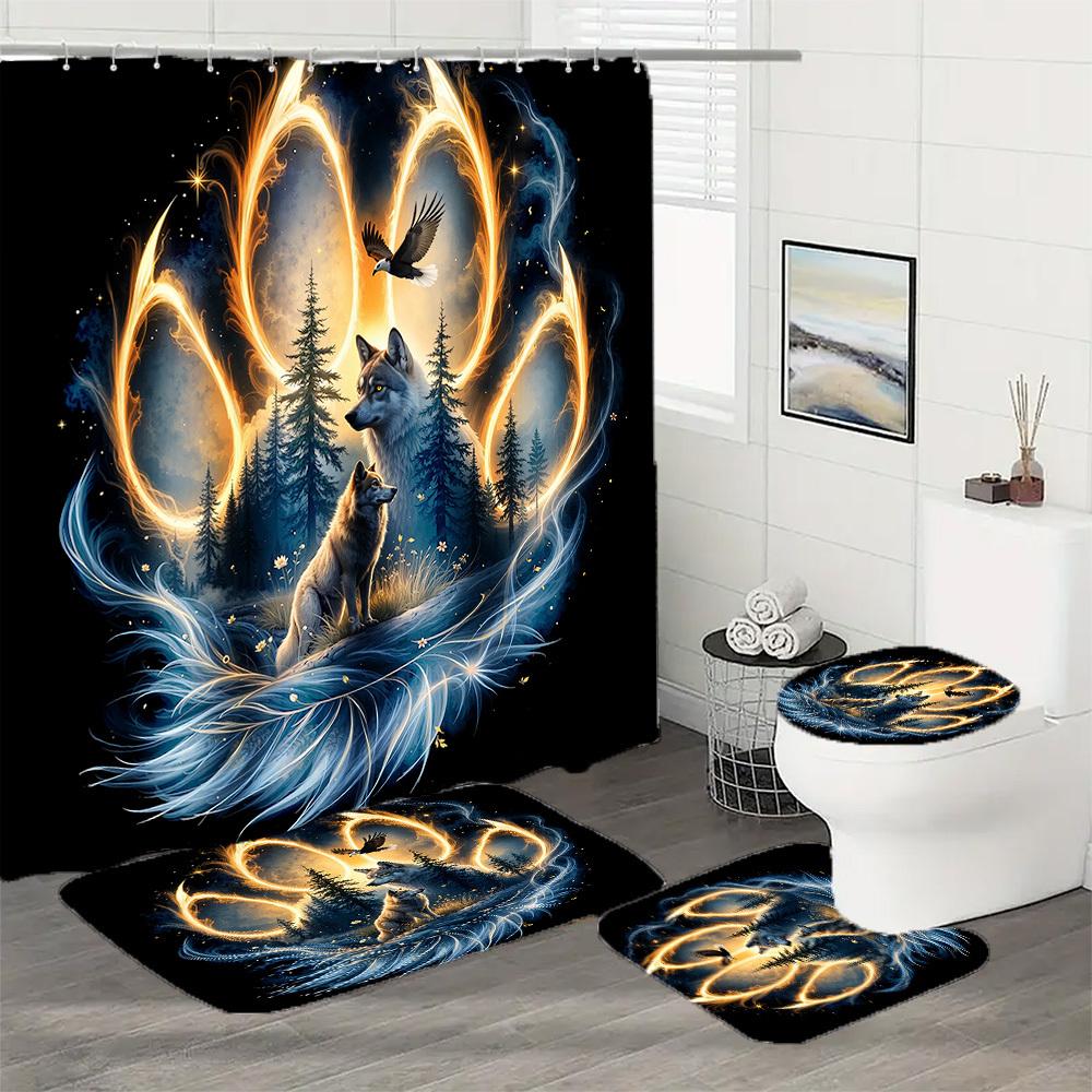 1/4Pcs Bathroom Shower Curtain Set Magic Forest Wolf Bathroom Curtain With 12 Hooks Non Slip Rugs Toilet Cover Mat Bathroom Partition