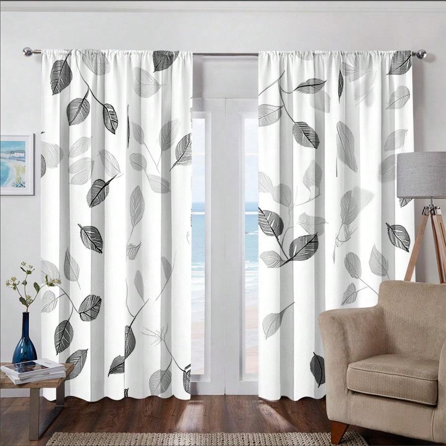 2 Elegant Black And White Leaf Patterned Curta - Semi Transparent Polyester, Pole Bag Design