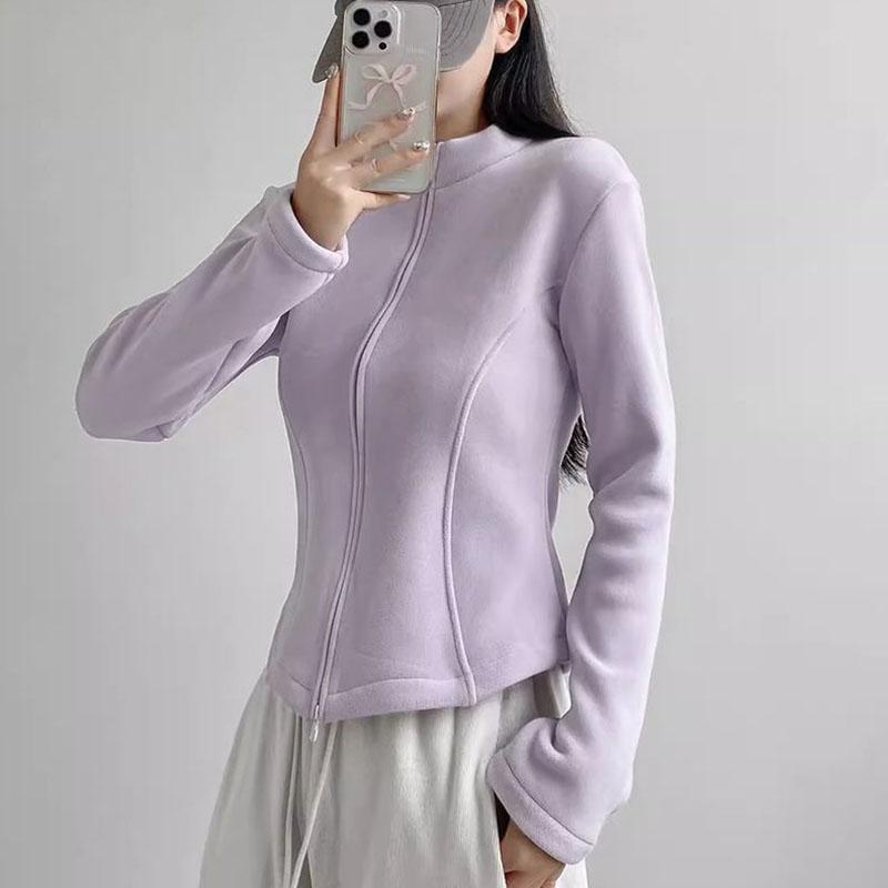 Women Stand Collar Fleece Jacket Lady Girls Zip-up Sport Style Yoga Jacket Solid Cardigan Jacket