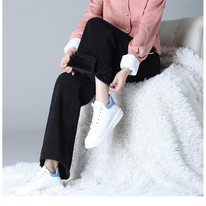 Herbst Winter Frauen Verdickung Warme Elastische Hohe Taille Solide Vintage Lose Beiläufige Mode Weibliche Gerade Hosen Woolen Hosen