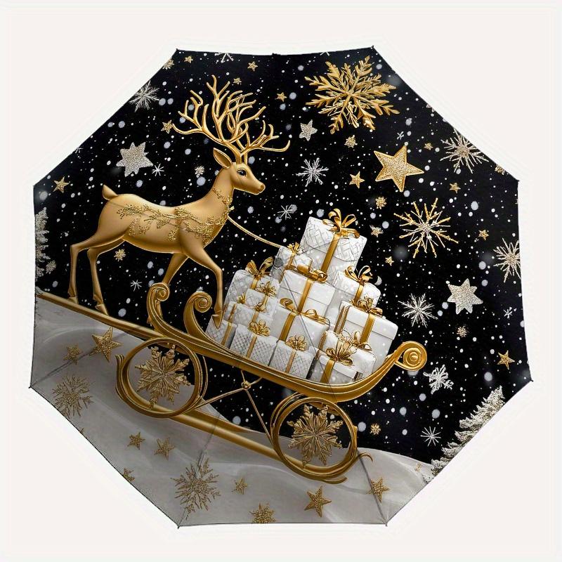 Golden Deer with Presents Christmas OrnamentUmbrella, Portable 3-Fold Compact Umbrella,Christmas Gift ES614