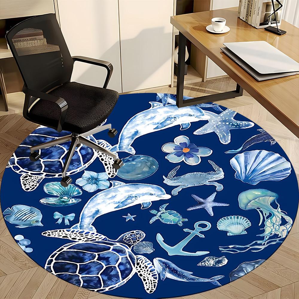 1PC Ocean Life Office Round Area Rug, Mat Suitable For Office, Under Office Chairs Bedroom Living Room Home Decor, Room Deco
