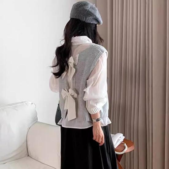 Women Knitted Vest Round Neck Sleeveless Crop Tank Back Bow Tie Decor Hollow Back Solid Color Sweater Vest