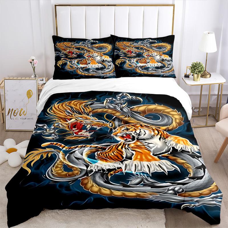3pcs Dragon Tiger Design Duvet Cover Set -Includes 1 Duvet Cover and 2 Pillowcases, No Quilt Core, All-Season Home Decor  yy251111194
