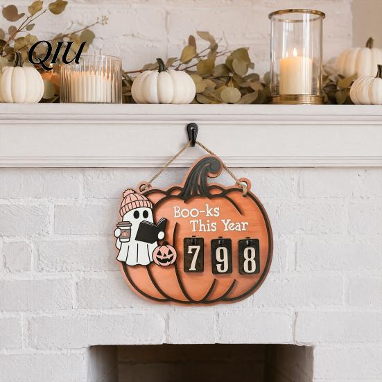 Raised Pattern Counter Halloween Ghost Pumpkin Reading Tracker Wooden Hanging Sign, Sliding Number for Book Read This Year, Progress Spooky Decor