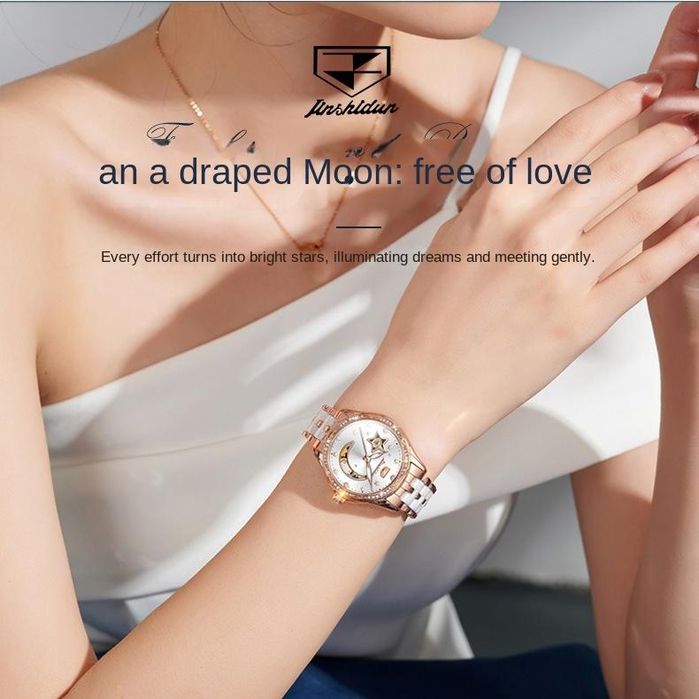 JINSHIDUN marka Star Moon Hollow automatyczny zegarek mechaniczny modny mechaniczny zegarek damski zegarek damski