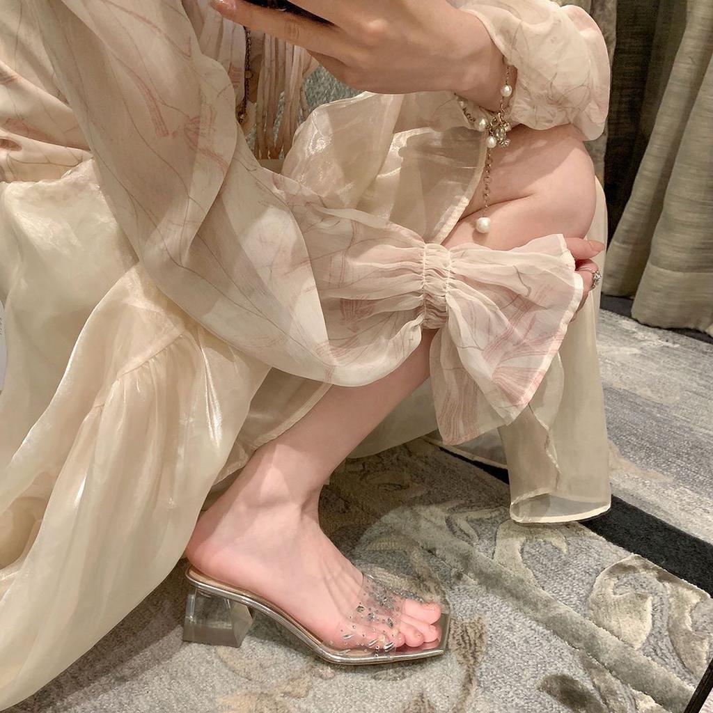 With Shoes Heng G-end Series~ Square Head Rhinestone Transparent Pvc Crystal Thick Heel Slippers Women's Sandals Outside