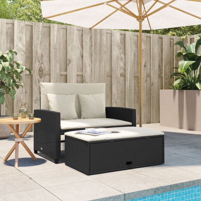 Canapé de jardin avec coussins 2 places noir résine tressée Noir 100x120 cm