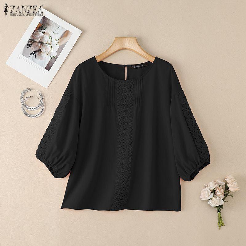 ZANZEA Women Casual Lace Crochet Splice Loose 3/4 Sleeve Blouse