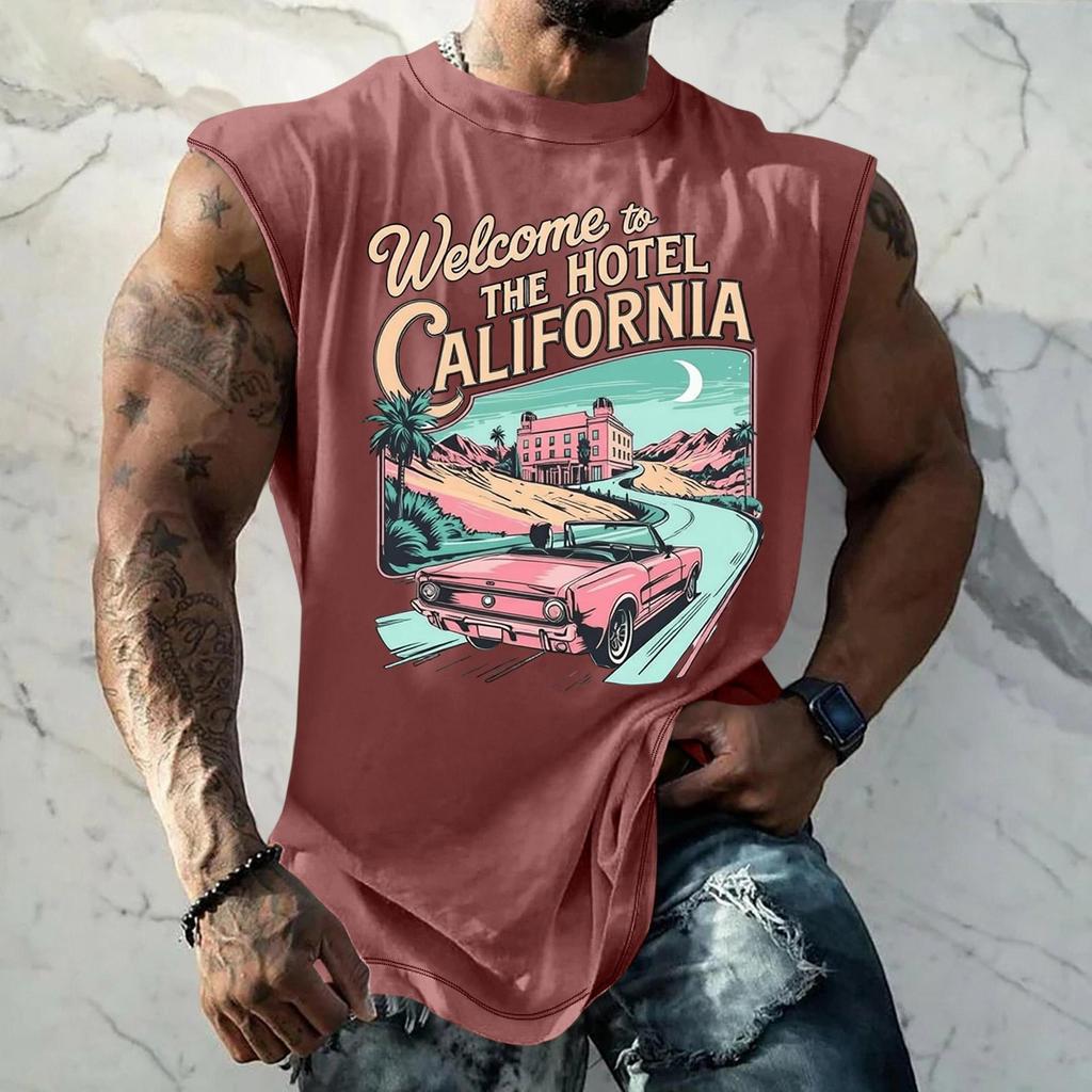 Men Sleeveless Tank Top Loose Fit Breathable Muscle Shirt Vintage Graphic Print Casual Streetwear Summer Sportswear