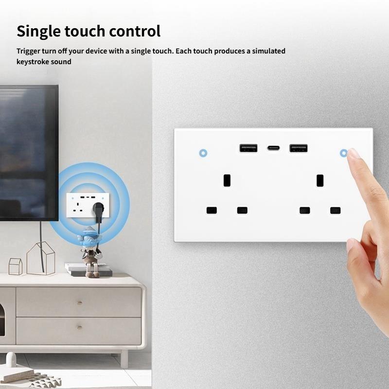 13A 2-way Smart Standard Wall Socket UK Outlet USB Type-C Charging Ports WiFi Remote Energy Monitoring Plug Touch Switch
