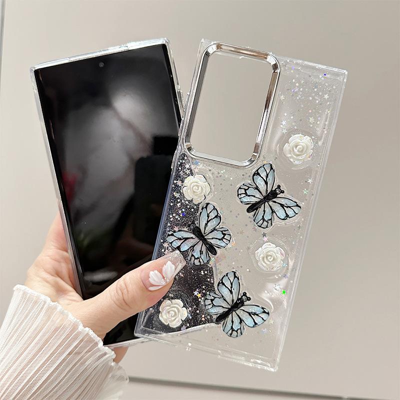Three-Dimensional Advanced Sense Rose Butterfly Epoxy Mobile Phone Case For Samsung S25Ultra Transparent S24 Glitter A16