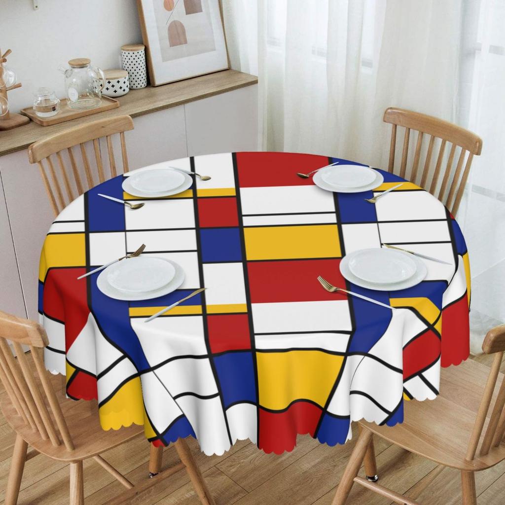 Round Mondrian Inspired Tablecloth Waterproof Oil-Proof Table Cover 60 inches Geometric Modern Table Cloth