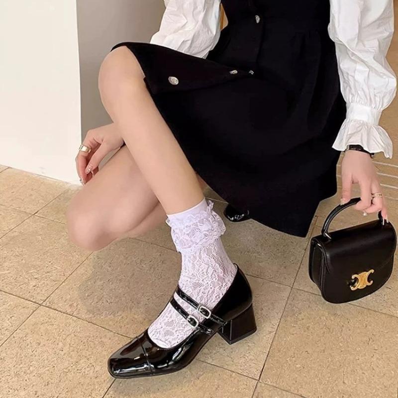 Sheepskin Version~ Square Head Light Mouth One-word Buckle Thick Heel Mary Jane Shoes Retro Silver Single Shoes Women's High Heels
