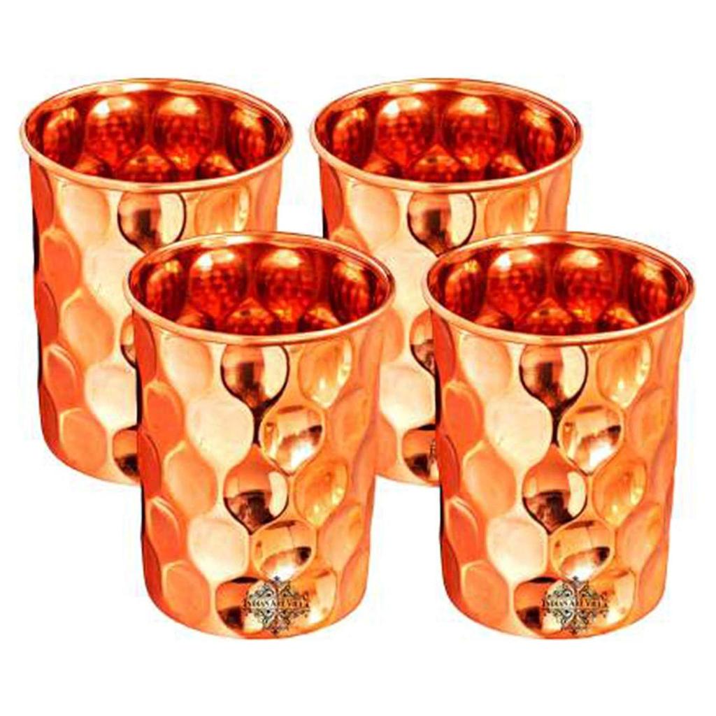 Pure Copper Drinkware Gift Set of 1 Jug & 4 Glass with Gift Box & Diamond Hammered Design, Gifting Item for Diwali, Jug-1.5 Litre & Glass-300 ML