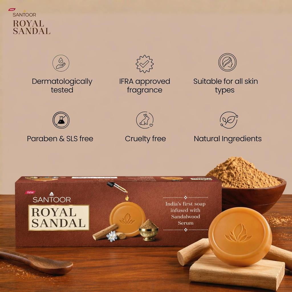 Santoor Royal Sandal Detan Soap Pack of 1 3N X 150g Natural Sandalwood Oil Skin Brightening Complexion Glowing Soap