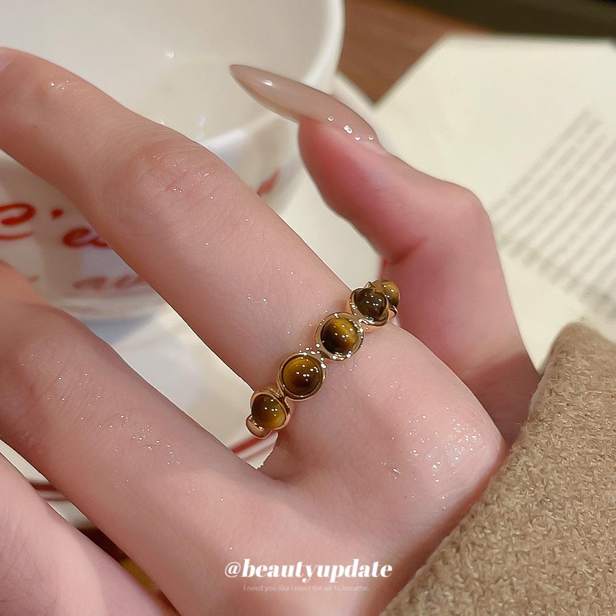 18K Gold Plated Tiger Eye Beaded Open Ring: Autumn Winter Retro Style Jewelry for Women