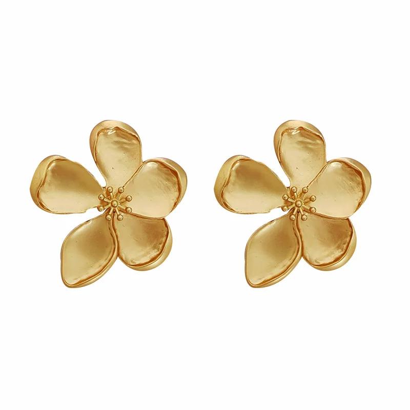 Gold Color Matte Texture Metal Flower Retro Earrings for Women Girls Personalized Fashionable Party Jewelry Birthday Gifts