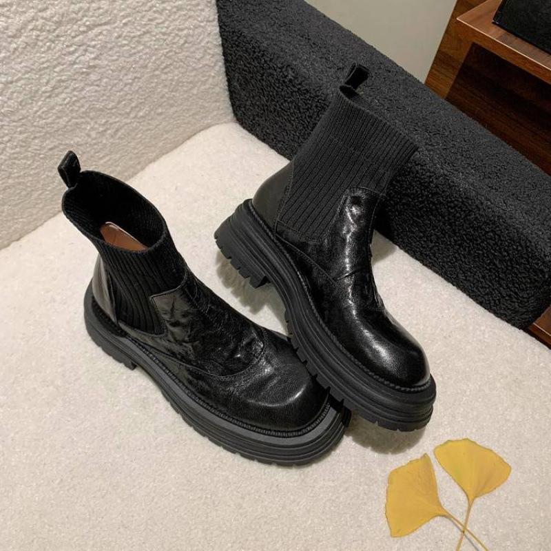 Versatile Thick-soled Sleeve Knight Boots Women's Medium Heel Round Head Solid Color Cowhide Low Boots Autumn and Winter Genuine Leather Large Size Wo