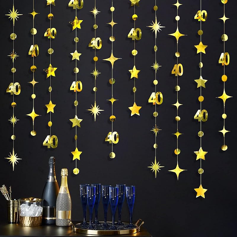 

Gold 40th Birthday Decorations Number 40 Circle Dot Twinkle Star Garland Metallic Hanging Streamer Bunting Banner Backdrop for Women Mens 40 Year Old золотий