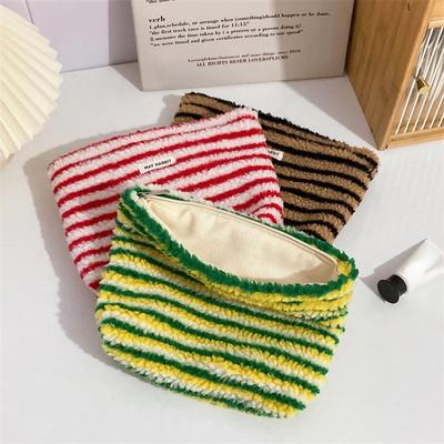 New Colorful Striped Plush Clutch Cosmetic Makeup Bag Large Capacity Make Up Pouch Toiletries Bag Travel Outdoor Makeup Storage