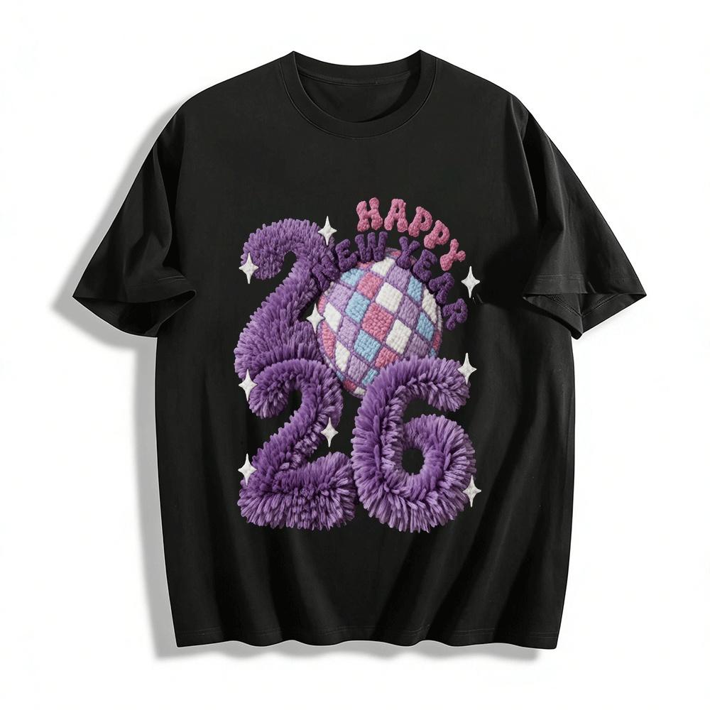 2026 Happy New Year Fluffy Disco Ball Graphic Casual Top Pure cotton T-shirt XXS
