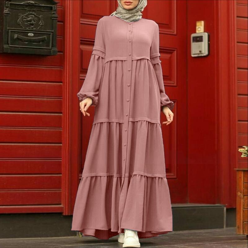 ZANZEA Muslim Daily Casual Round Neck Long Sleeve Loose Women Dress