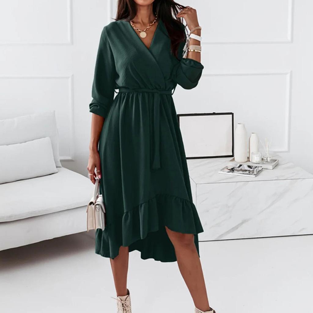 Women's Fashionable Elegant Color V-Neck Ruffle Long Sleeve Dress
