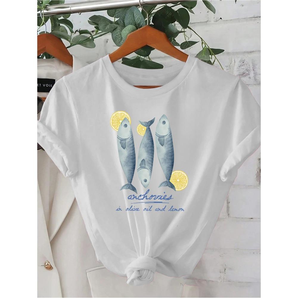 

Funny Anchovy T-Shirt Round Neck Humorous Nautical Lemon Slice Lemon Slice Design sleeved Harajuku streetwear Tops S