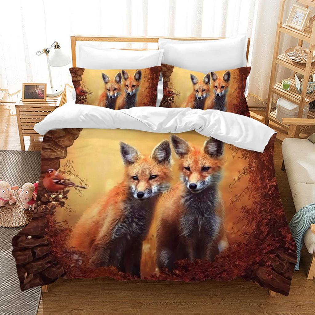 Cartoon Fox Duvet Cover King Size,Baby Fox Sleeping In A Floral Circle Image Print Bedding Set Kids Animal Quilt Cover