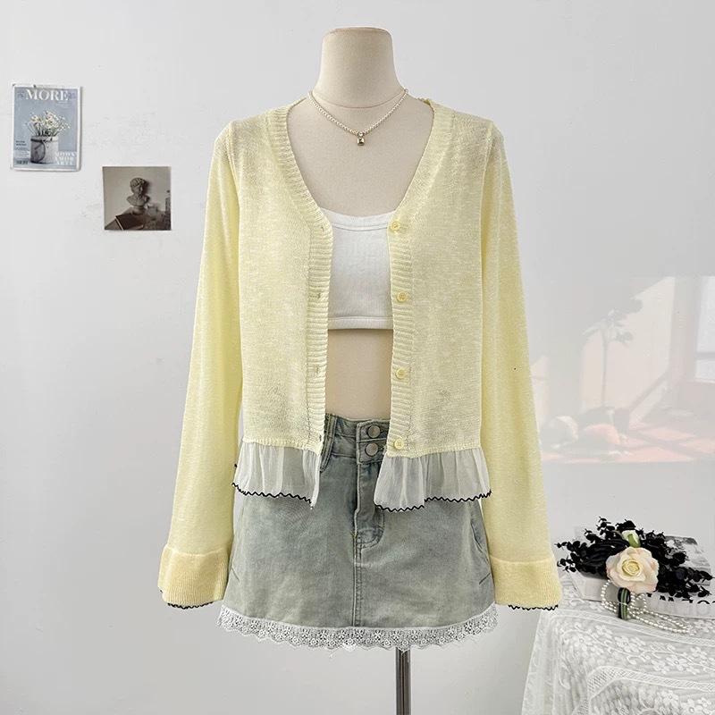 V Neck Flare Long Sleeve Knit Top Summer Versatile Loose Sun Protection Cover Up Blouse Women