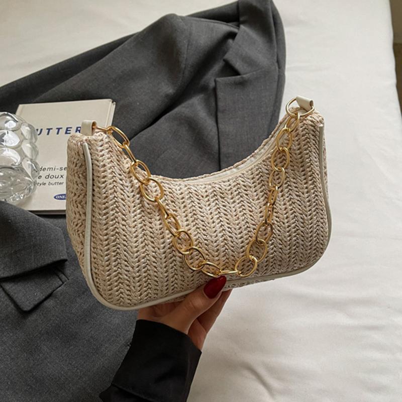 Borsa a Mano Intrecciata in Erba Casual Luna Nuova Moda Donna Borsa da Spiaggia a Spalla Catena Spessa Stile di Strada Personalizzato