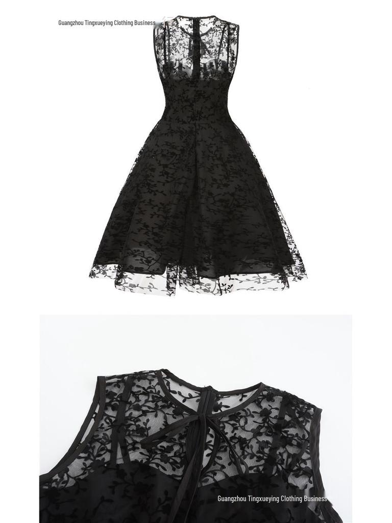 Women's Christmas Mesh Embroidered Midi Dress with Waist-Cinching and Sleeveless Design