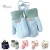 Children Mittens 1 Pair Hanging Rope Halter Thickened Fleece Lining Winter Woolen Yarn Gloves Letter Logo Solid Color Baby Knitting Knitted