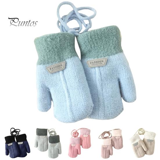 Children Mittens 1 Pair Hanging Rope Halter Thickened Fleece Lining Winter Woolen Yarn Gloves Letter Logo Solid Color Baby Knitting Knitted