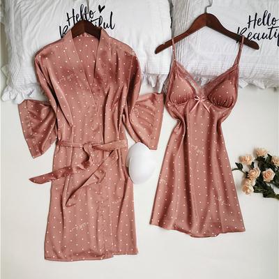 Set di vestaglia stampata a pois Set di indumenti da notte in seta di ghiaccio con cinturino sexy estivo femminile