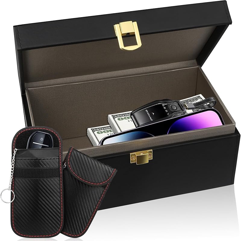 Extra Large Faraday Box, RFID Box for Car Keys with Pouch, Faraday Cage Key Fob Protector, Carbon Fiber Signal Blocker for Keyless Fob, Anti Theft Largest + 2 Faraday Pouch