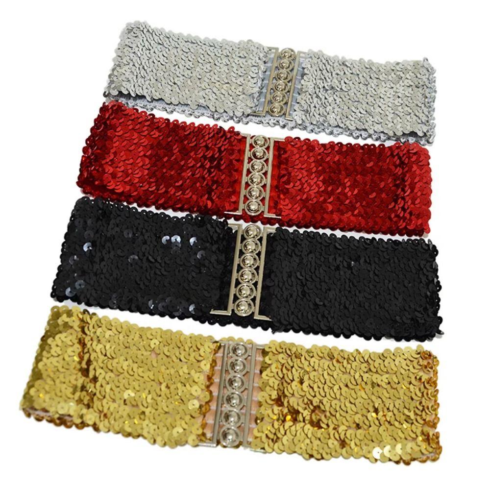 Funkelnde Pailletten Elastische Cummerbunds Metallschließe Elastischer Waspie Gürtel Punk Stil