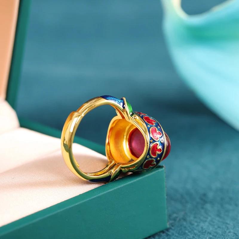 Original Ancient Gold Craftsmanship Natural Carnelian Rings for Women Flower Enamel National Style Light Luxury Wedding Zircon