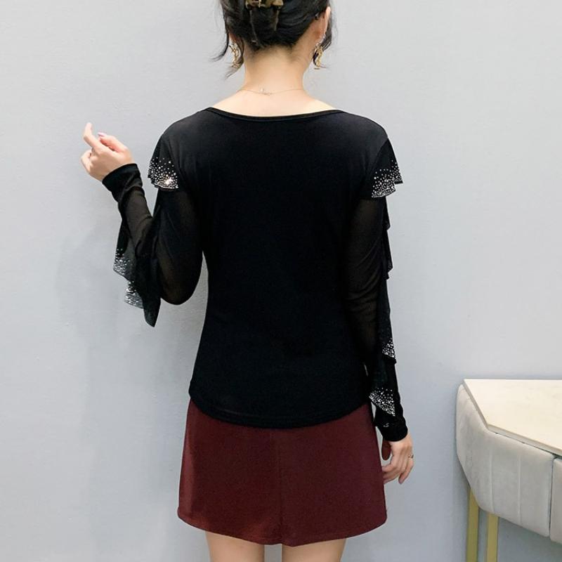 Spring Autumn Women's Ruffles Sleeve T-Shirt Elegant V-neck Tees Slim Ladies Tops With Rhinestone