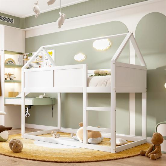 Bunk Children Bed, 90 x 200 cm, Low Bunk Single Bed, Loft Bed with Stairs, Solid Wood Frame, Wood Color